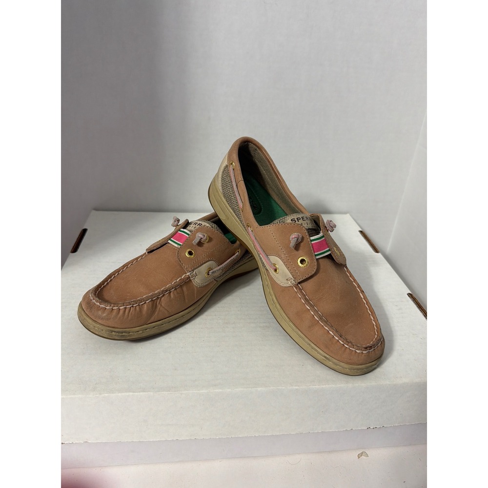 Sperry Top-Sider Angfish Tan Leather Mesh Boat Shoes Pink Green Stripe 8.5M